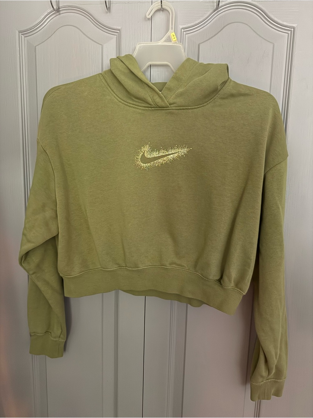 Nike Olive Green Cropped Hoodie with Sparkle Swoosh